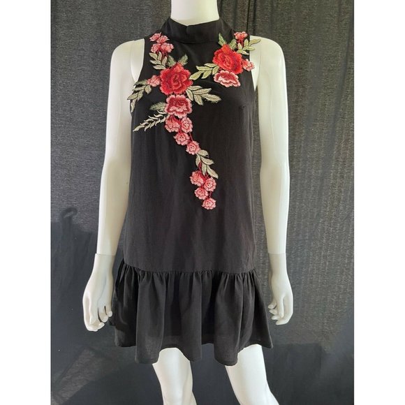 Via Vai Women's Mini Dress Sleeveless Black Flowers Embroidered Open Back S - Picture 2 of 12